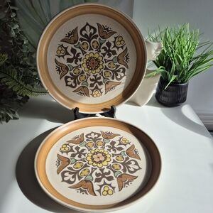 Vintage Denby Langley Canterbury Floral 60s Stoneware Dinner Plates 10" Set of 2